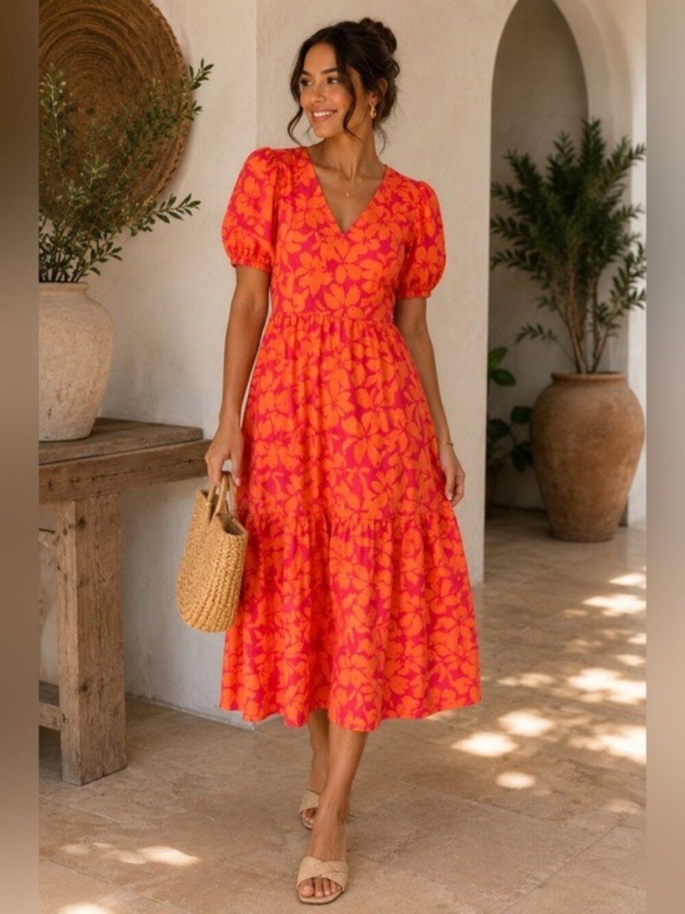 J.Crew Orange Pink Floral Midi Dress Size 12 Puff Sleeve Tiered Cotton